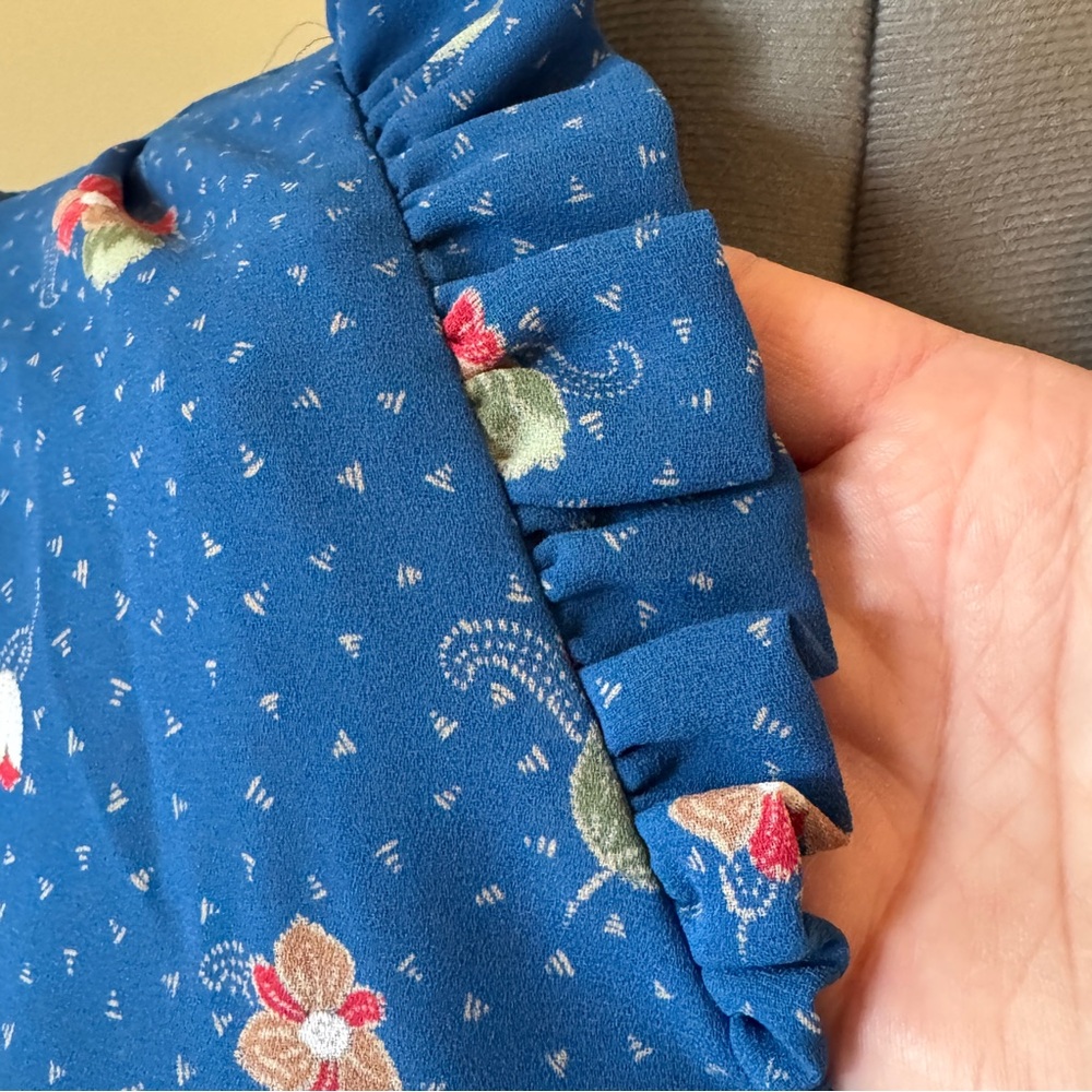 Vintage Tall Girl Prairie Midi Dress Blue Floral Ruffle Collar Size 12 Tall - Picture 14 of 16